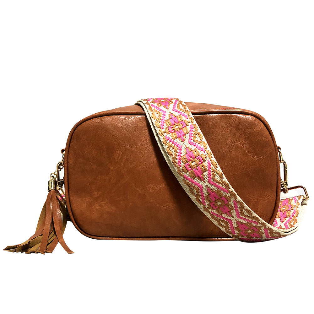 Wholesale Retro Ethnic Style Wide Shoulder Strap Tassel PU Crossbody Bag